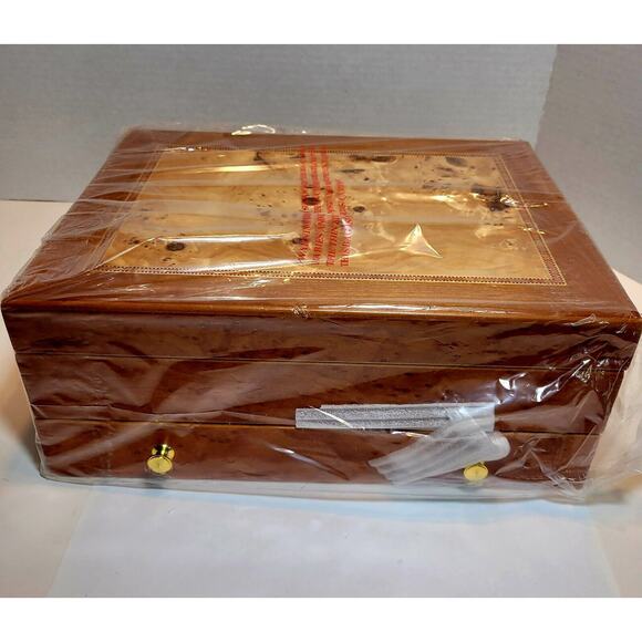 Honey Colored Wood Inlay Jewelry Box Plush Lining 2 Tier multiple storage areas - Picture 3 of 12